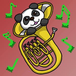 A cartoon drawing of a panda poking its head and paws out of a gold euphonium, which is not a tuba, decorated with pixelated music notes against a red gradient background